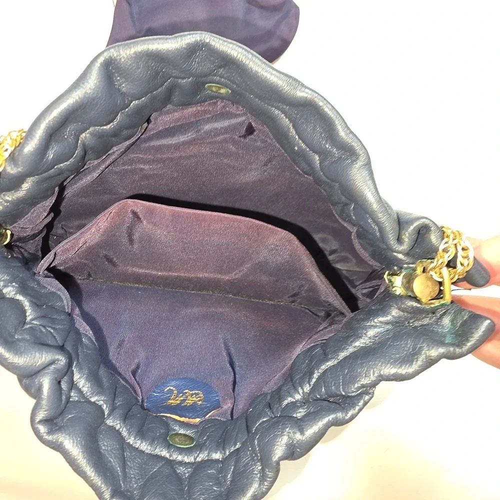 Vintage 1960s Morris Markowitz Navy Leather Evening‎ Bag Gold Chain + Coin Purse